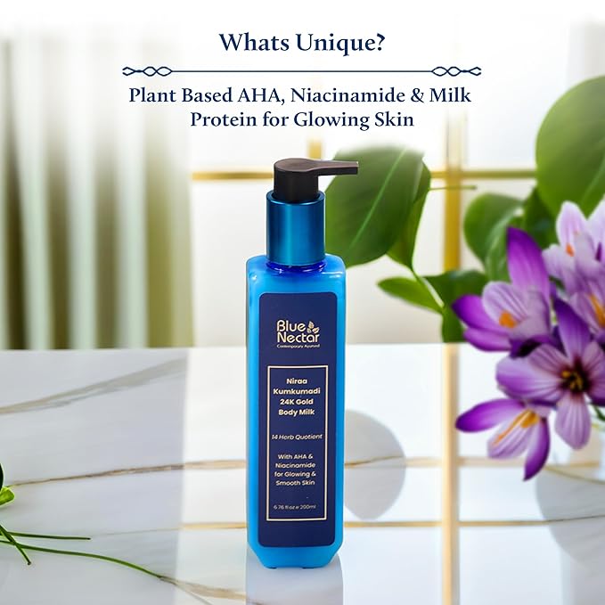 Blue Nectar 24K Carat Gold Body Milk for Women & Men | Body Lotion with Plant Based AHA & Niacinamide | Moisturizer for Body | All Skin Types (14 Herbs, 3.38 Fl Oz)-GlimoraGlow