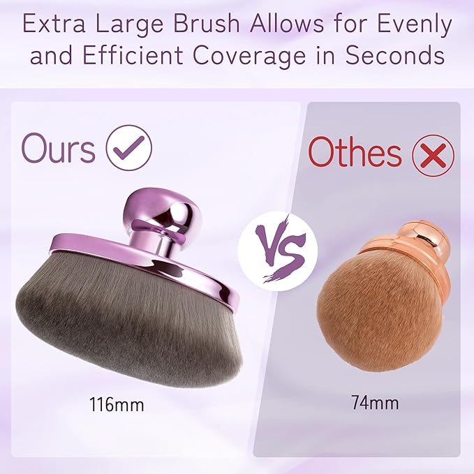 Extra Large Body Makeup Brush For Self Tanner, Leg Makeup &Bronzer Blend,116mm Oval-headed Kabuki Brush Provides More Even &Pretty Application, Sunscreen Face& Back Makeup Brush, Wet&Dry Use- Purple-GlimoraGlow