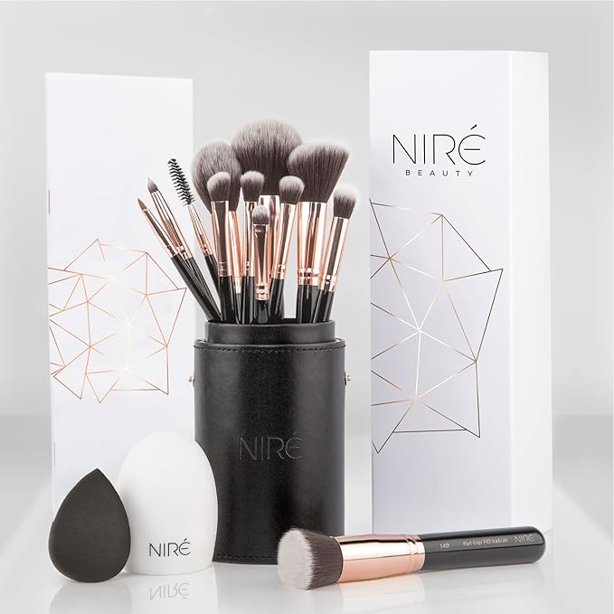 Niré Beauty 15piece Award Winning Professional Makeup Brush Set: Vegan Makeup Brushes with Case, Makeup Sponge, Brush Cleaner, Guide, Gift Box-GlimoraGlow