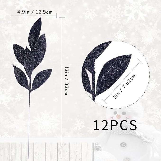 GREENTIME 12 Pack Artificial Black Glitter Leaves 13" Fake Decorative Glitter Sticks for Vase Christmas Tree DIY Wreath Crafts Fireplace Halloween Decor