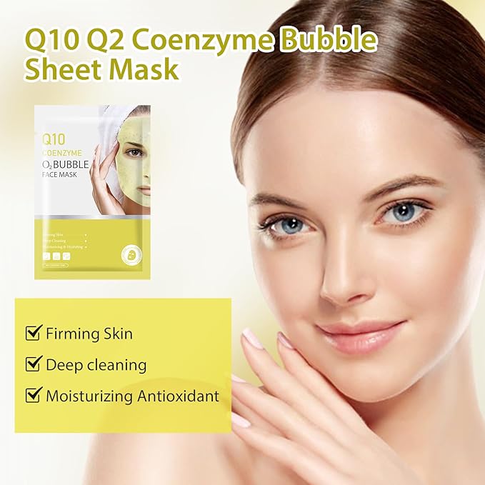 10 Sheets Coenzyme Q10 O2 Bubble Masks for Face, Bubble Face Mask Skincare for All Skin Types, Deep Cleansing Moisturizing Facial Mask Skin Care for Pores, Firming, Purifying, Sheet Masks for Spa-GlimoraGlow