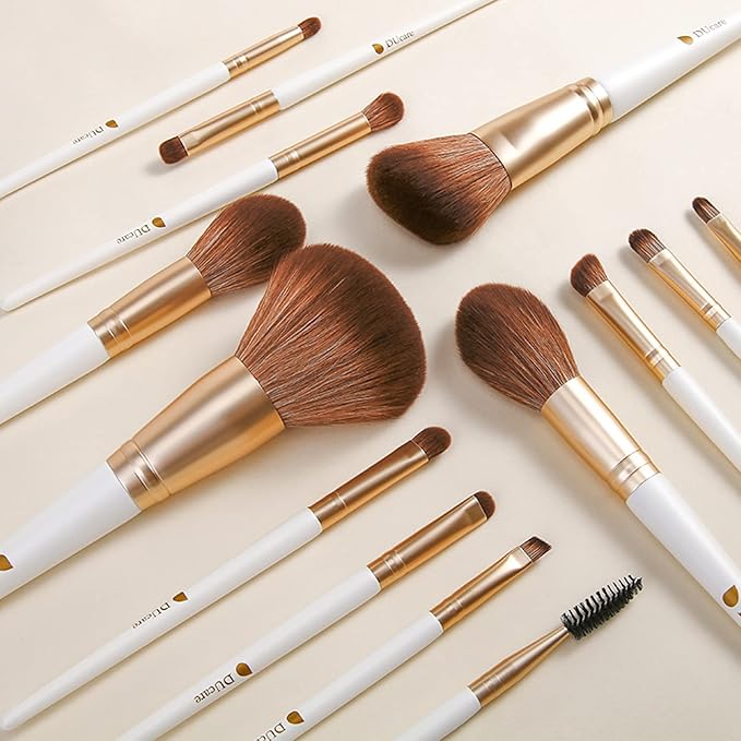 DUcare Makeup Brushes with Bag - 14Pcs Professional Synthetic Make Up Brushes Set for Blush Concealer Foundation Bronzer Powder Eyebrow Contour Eyeshadow Blending Makeup Brush Set Mekaup bag, White-GlimoraGlow