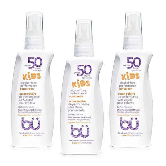BU SPF 50 Fragrance Free Kids Sunscreen Spray for Face and Body, TSA Travel Size Sunscreen, Clear Non Aeorsol Spray, Non Greasy, Water Resistant and Oil Free, 3.3 oz (3-pack)-GlimoraGlow