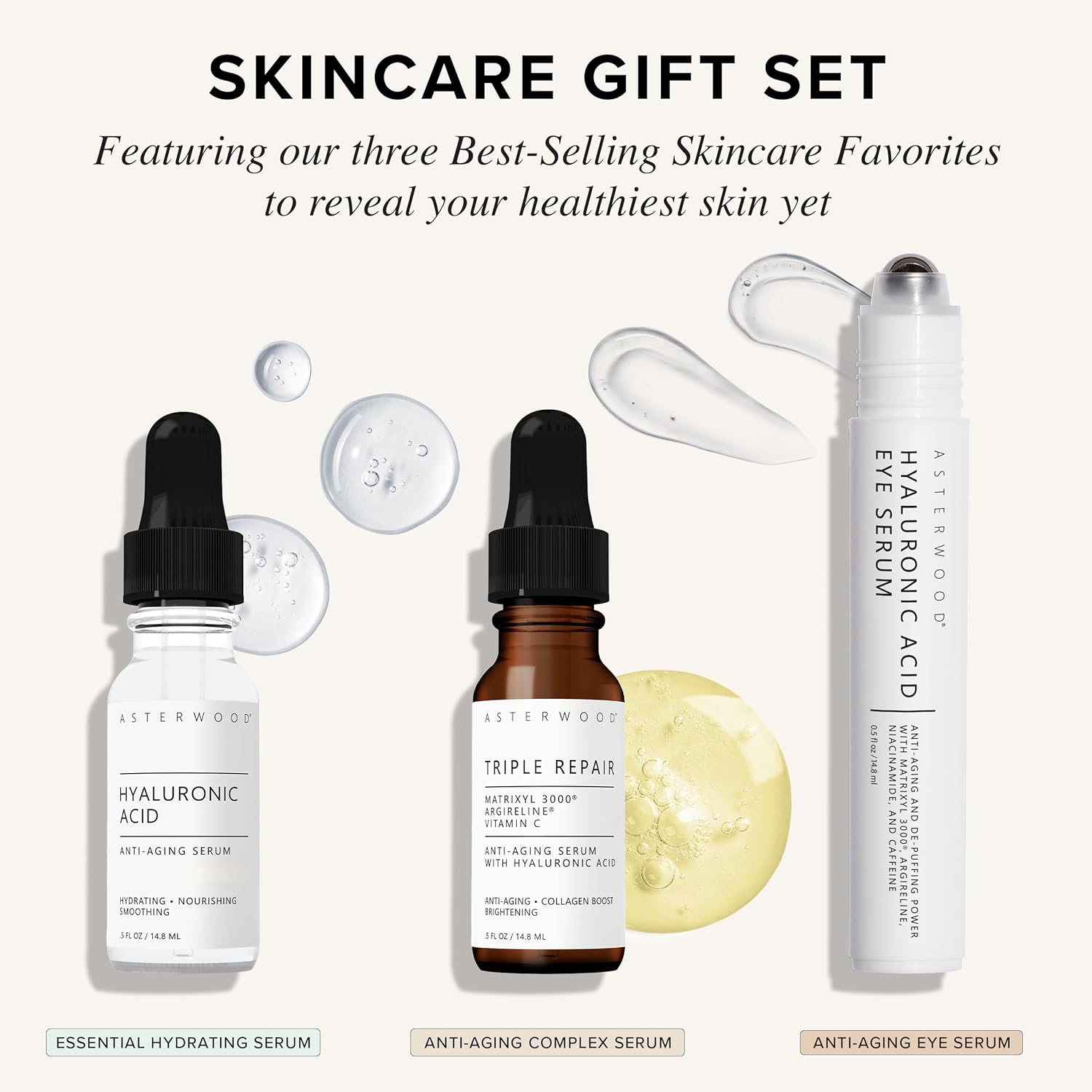 Asterwood Skin Care Set - with Hyaluronic Acid & Triple Repair Serums, Under Eye Serum - Skincare Essentials - Hydrating, Moisturzing, Anti-Aging - Fragrance-Free-GlimoraGlow