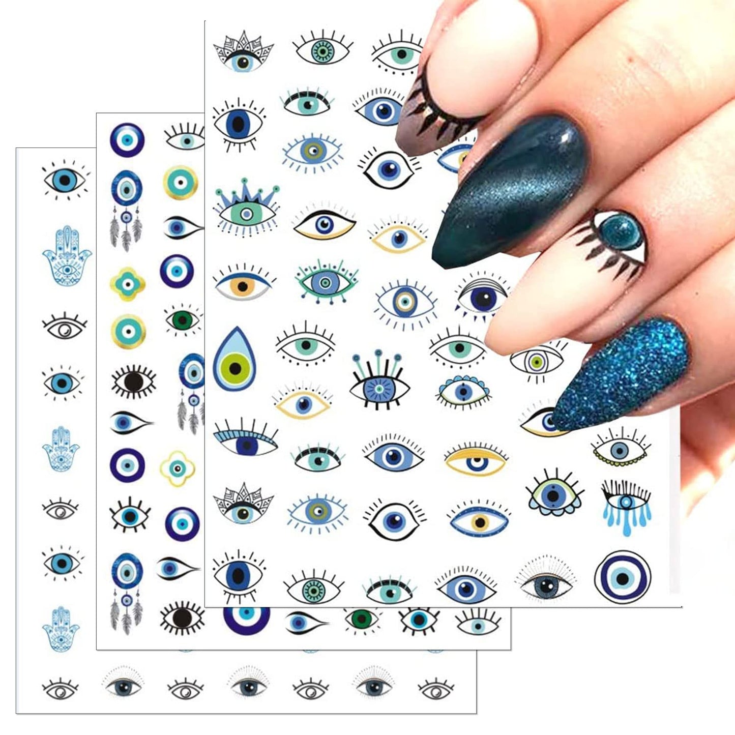 14 Sheets Evil Eye Nail Stickers, 3D Turkish Blue Eye Design Nail Art Decals, Self Adhesive Hamsa Hand of Fatima Manicure Decorations-GlimoraGlow