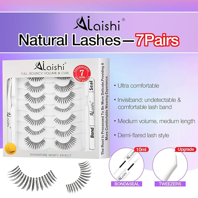 Wispy False Eyelashes Kit With Bond, Seal and Tweezer, 7 Pairs Natural Look Fake Cat Eye Lashes Strips Thin Band Extensions Waterproof Easy Eyelashes for Beginners DF99#-GlimoraGlow