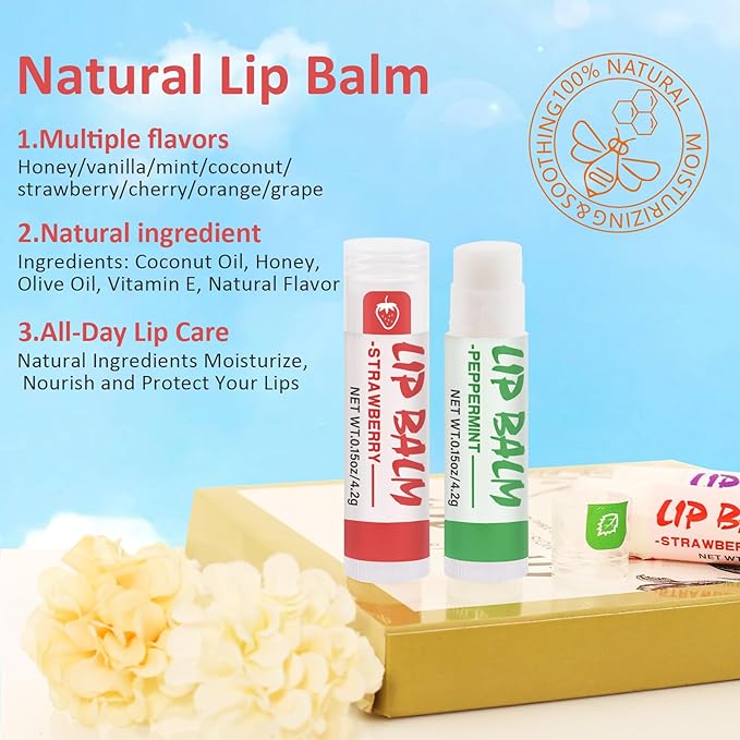 16 Pack Lip Balm, Natural Lip Balm Bulk with Vitamin E and Coconut Oil, Moisturizing Lip Balm for Dry Cracked Lips, Lip Balm for Stocking Stuffers - 8 Flavors-GlimoraGlow
