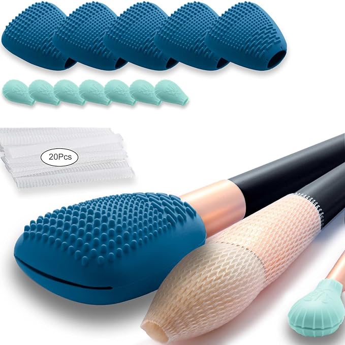 Silicone Travel Make-up Brush Holder with Cleaner Mat Pad, Organizer Case Covers for Foundation Eye Lip Brushes Storage Cleaning, Gift for Women Girl-friend Mother Wife, 5-Pcs Large + 7 Small, Blue-GlimoraGlow