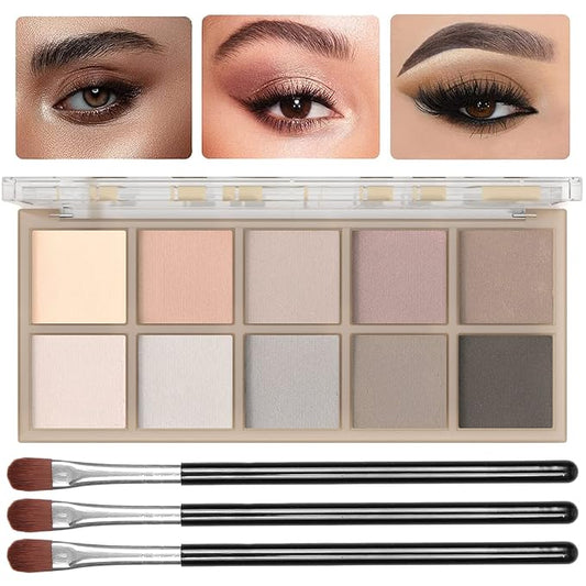 10 Colors Eyeshadow Palette Matte Naked Eye Shadow Makeup,High Pigmented, Naturing-Looking, Ultra-Blendable,Long Lasting High Pigment Nude Eyeshadow with 3 Eyeshadow Brush(Cement color)-GlimoraGlow