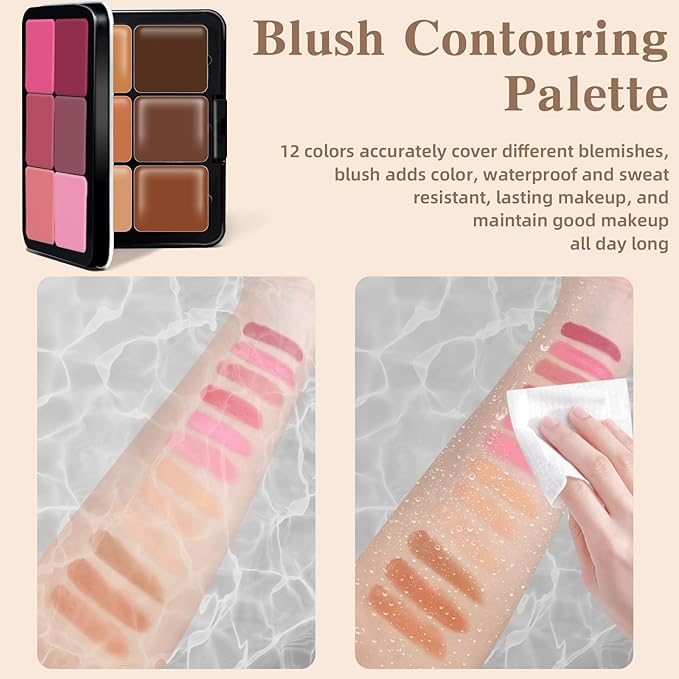 12 Colors Color Correcting Concealer Foundation Palette, Cream Blush and Concealer Palette, Long Wearing Smudge Proof Blendable Matte Finish Blush Powder Highlighter Cream Contour Palette Makeup (02)-GlimoraGlow
