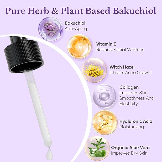 Bakuchiol Retinol Serum for Face, Retinol Alternative for Sensitive Skin with Vitamin E, Hyaluronic Acid, Collagen, Serum for Anti-Aging, Wrinkle Reduction Skin Firming & Smoothing 1 oz-GlimoraGlow