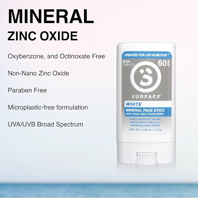 Surface Mineral Sunscreen Face Stick SPF 60, Lightweight Non-Nano Zinc Oxide Formula, Reef Friendly, Broad Spectrum UVA UVB Protection, Water Resistant Sun Care for 80 Minutes, Clear, 0.5oz-GlimoraGlow