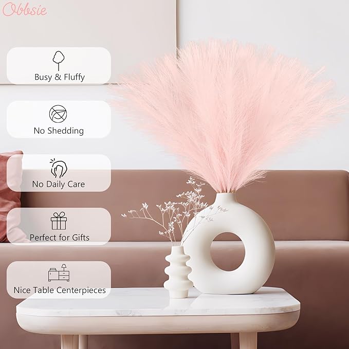 50pcs Pink Faux Pampas Grass Decor, 21.6" Short Artificial Pompous Grass Floral Fake Pompas Grass Branches Vase Filler Flower Arrangement for Home Wedding Boho Decor
