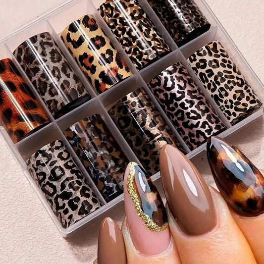 10 Rolls Leopard Print Nail Art Foils Transfer Stickers Animal Print Adhesive Decals Snake Cheetah Print Nail Foils Holographic Stickers Fall Nail Art Supplies for Women Autumn Nail Decorations-GlimoraGlow