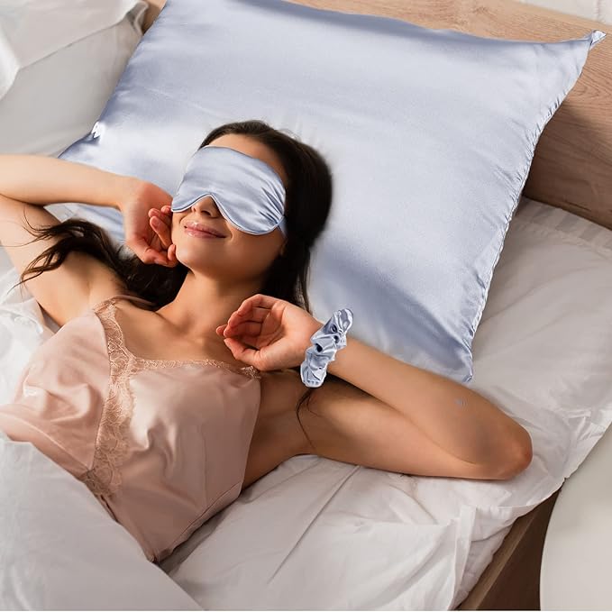2 Pack Satin Pillowcase with Latent Zipper, Adjustable Satin Eye Mask for Sleeping and Satin Volume Scrunchie for Hair and Skin, Standard Size (Silver,Classic Style)-GlimoraGlow