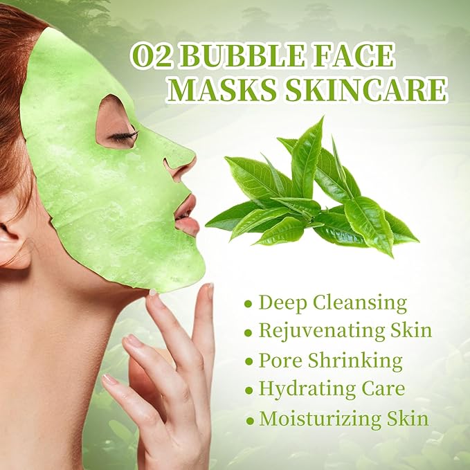 10 Sheets Face Masks Skincare O2 Bubble Green Tea Face Mask, Cleaner Bubble Sheet Masks Foaming Purifying Facial Mask for Pores, Moisturizing Spa Face Masks Skin Care For All Skin Type-GlimoraGlow