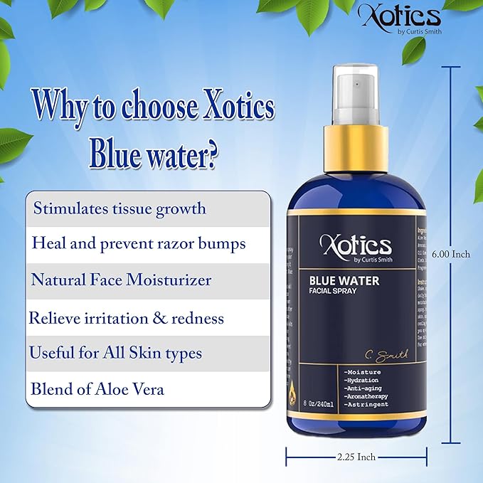 Xotics Blue Water Facial Spray - 8oz - Hydrating Face Mist with Aloe Vera - Refreshing Toner for Men & Women, Aftershave, Daily Moisturizing Splash for All Skin Types-GlimoraGlow