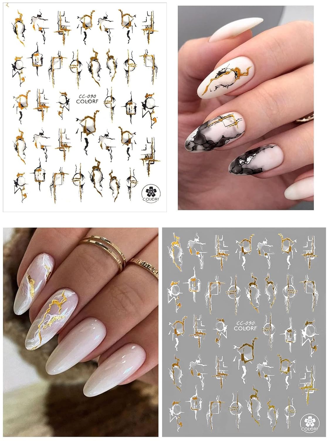 12 Sheets Nail Art Stickers Decals,TOROKOM Self-Adhesive White Black Gold Stripe Line Nail Decals Marble Wave Nail Sticker Supplies for 3D Nail Design Nail Accessories for Women French Nail Decoration-GlimoraGlow