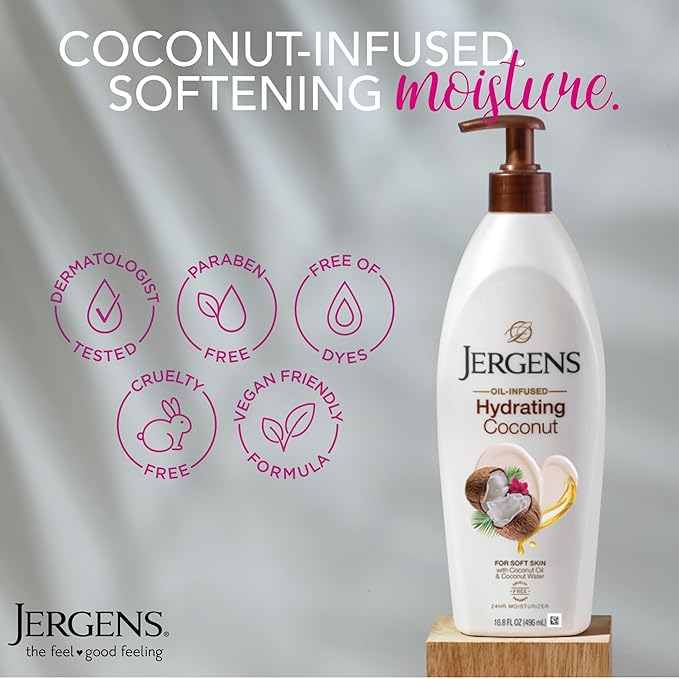 Jergens Hydrating Coconut Body Lotion, Hand and Body Moisturizer, Infused with Coconut Oil, Hydrates Dry Skin Instantly, Dermatologist Tested, 16.8 oz, Pack of 3-GlimoraGlow