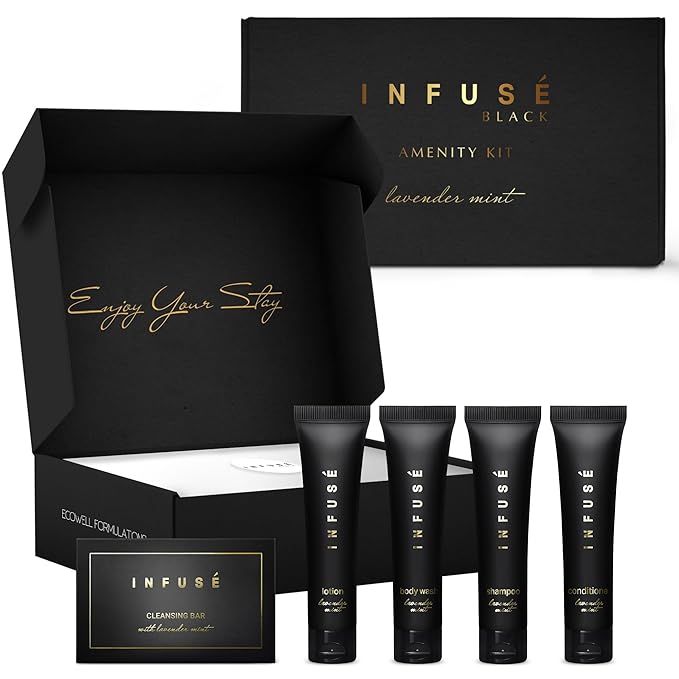 Infuse Black Amenity Kit | Boxed Hotel Toiletries | Bulk Set 1 oz Travel Size Shampoo, Conditioner, Lotion, Body Wash & Cleansing Bar for Guest Hospitality AirBnB/Vacation Rentals | 1 set per case-GlimoraGlow
