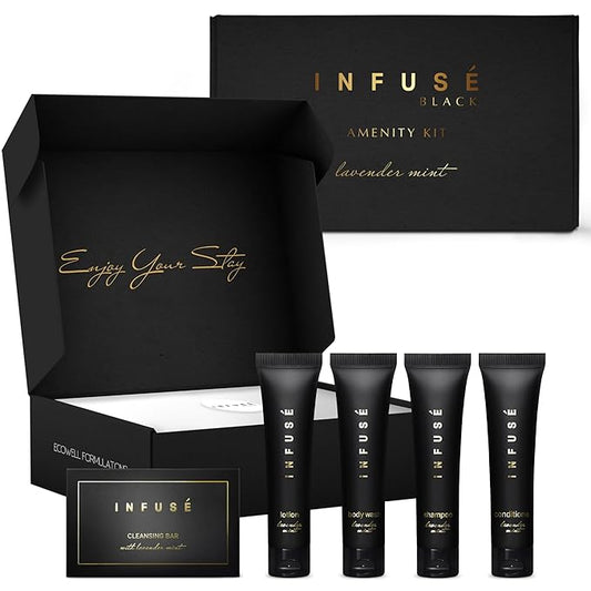 Infuse Black Amenity Kit | Boxed Hotel Toiletries | Bulk Set 1 oz Travel Size Shampoo, Conditioner, Lotion, Body Wash & Cleansing Bar for Guest Hospitality AirBnB/Vacation Rentals | 1 set per case-GlimoraGlow