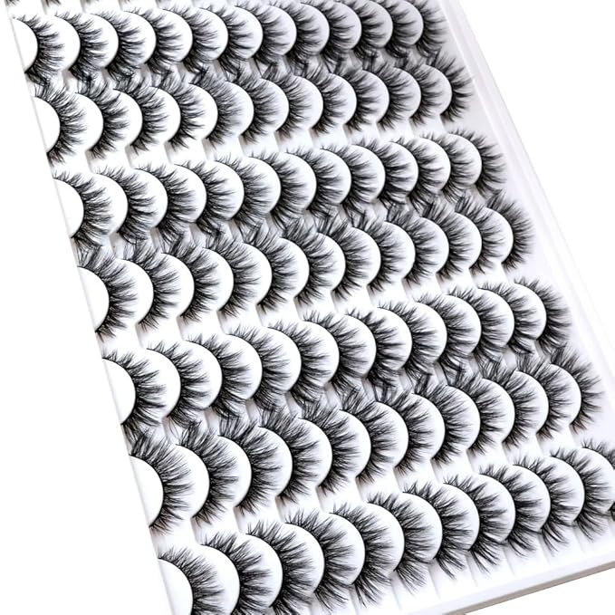 False Eyelashes 48 Pairs Faux Mink Lashes 14mm Wispy Lashes 3D Fluffy Cat Eye Lashes Pack Bulk Wholesale Strip Lashes(style 48-042)-GlimoraGlow
