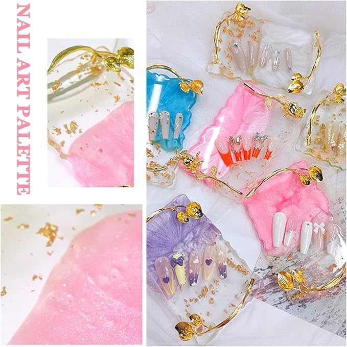2023 Retro Nail Art Palette, Nail Painting Mixed Color Palette with Leaves Handle, Nail Holder Gel Color Makeup Display Board Pallet (Pink)-GlimoraGlow