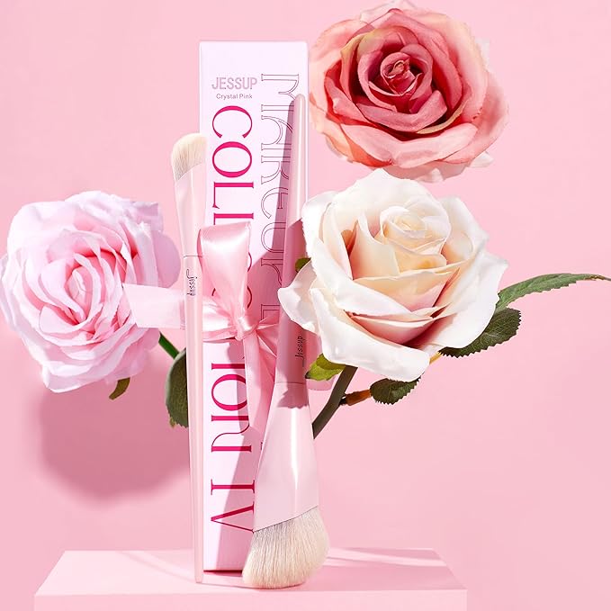 Jessup Foundation Brush and Concealer Brush, Pink Makeup Brushes Set 2Pcs Premium Synthetic Face Make up Brushes for Liquid Cream, T497-GlimoraGlow