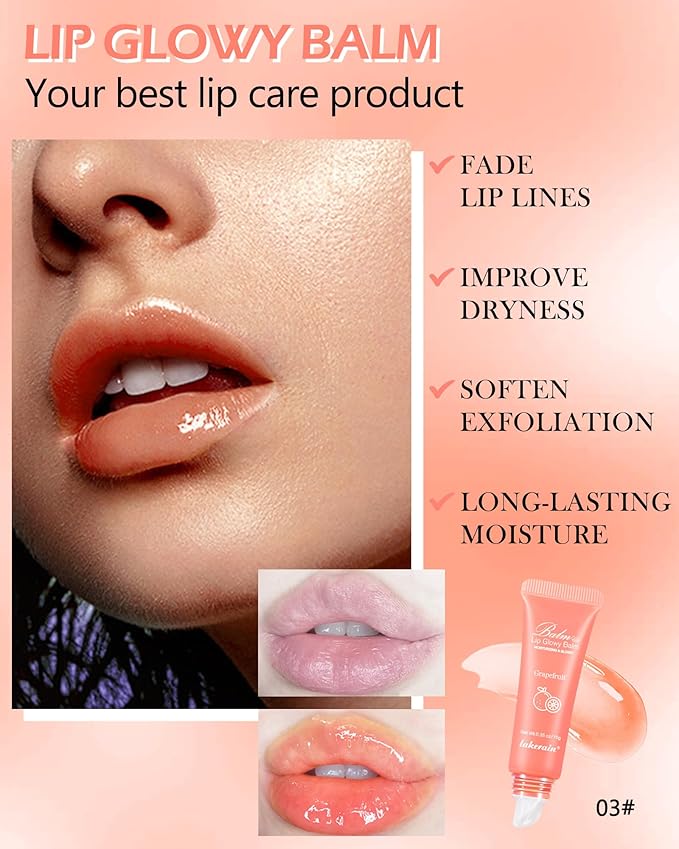 Hydrating Lip Glowy Balm, Ultra-Nourishing Lip Balm for Dry Cracked Lips, Moisturizer Lip Repair Sleeping Lip Mask, Day and Night Lip Care Therapy Treatment,Glossy Smooth Lip Butter Balm-03#Grapefruit-GlimoraGlow