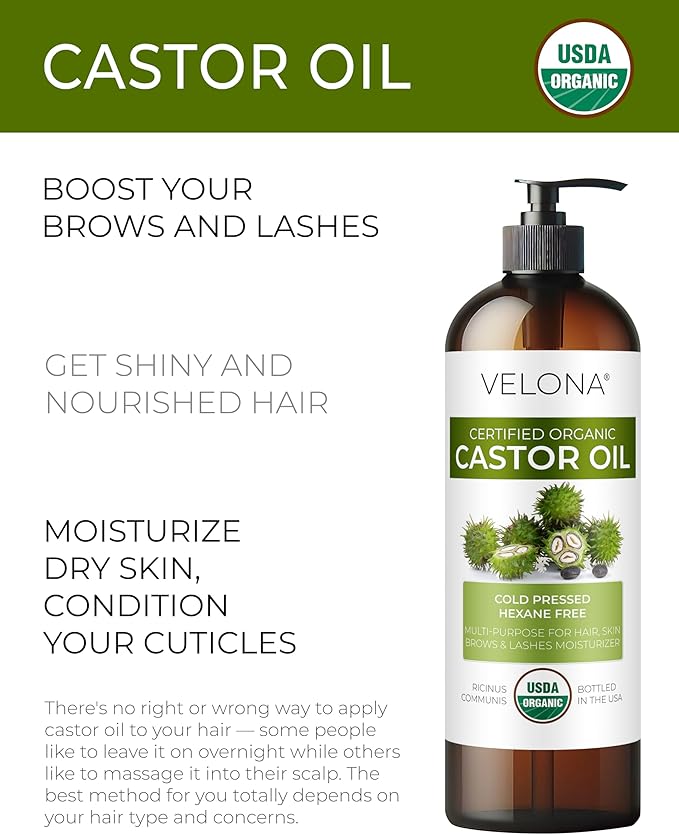 velona USDA Certified Organic Castor Oil - 16 fl oz (With Pump) | For Hair Growth, Boost Eyelashes, Eyebrows | Cold pressed, Natural Oil, USP Grade | Hexane Free, Lash Serum, Caster-GlimoraGlow
