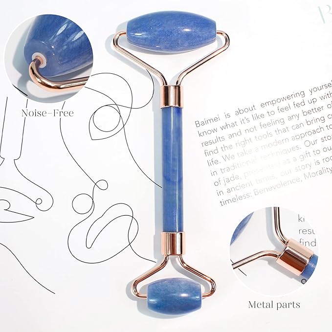 BAIMEI Jade Roller & Gua Sha, Face Roller, Facial Beauty Roller Skin Care Tools, Self Care Gift for Men Women, Massager for Face, Eyes, Neck, Relieve Fine Lines and Wrinkles - Blue-GlimoraGlow