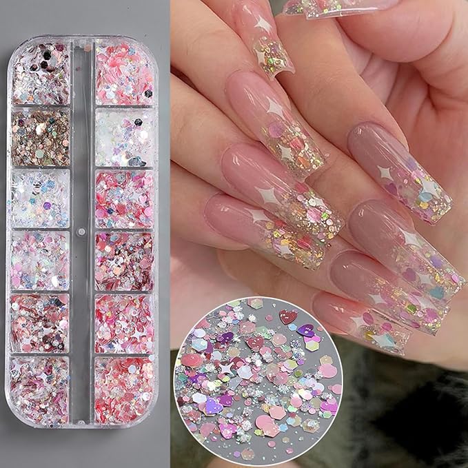 12 Grids Star Nail Art Glitter Sequins Heart Shaped Mermaid Nail Sequins Holographic Mermaid Nail Flakes Sticker Sequin Heart Nail Art Glitter for Women DIY Acrylic Nail Decoration-GlimoraGlow