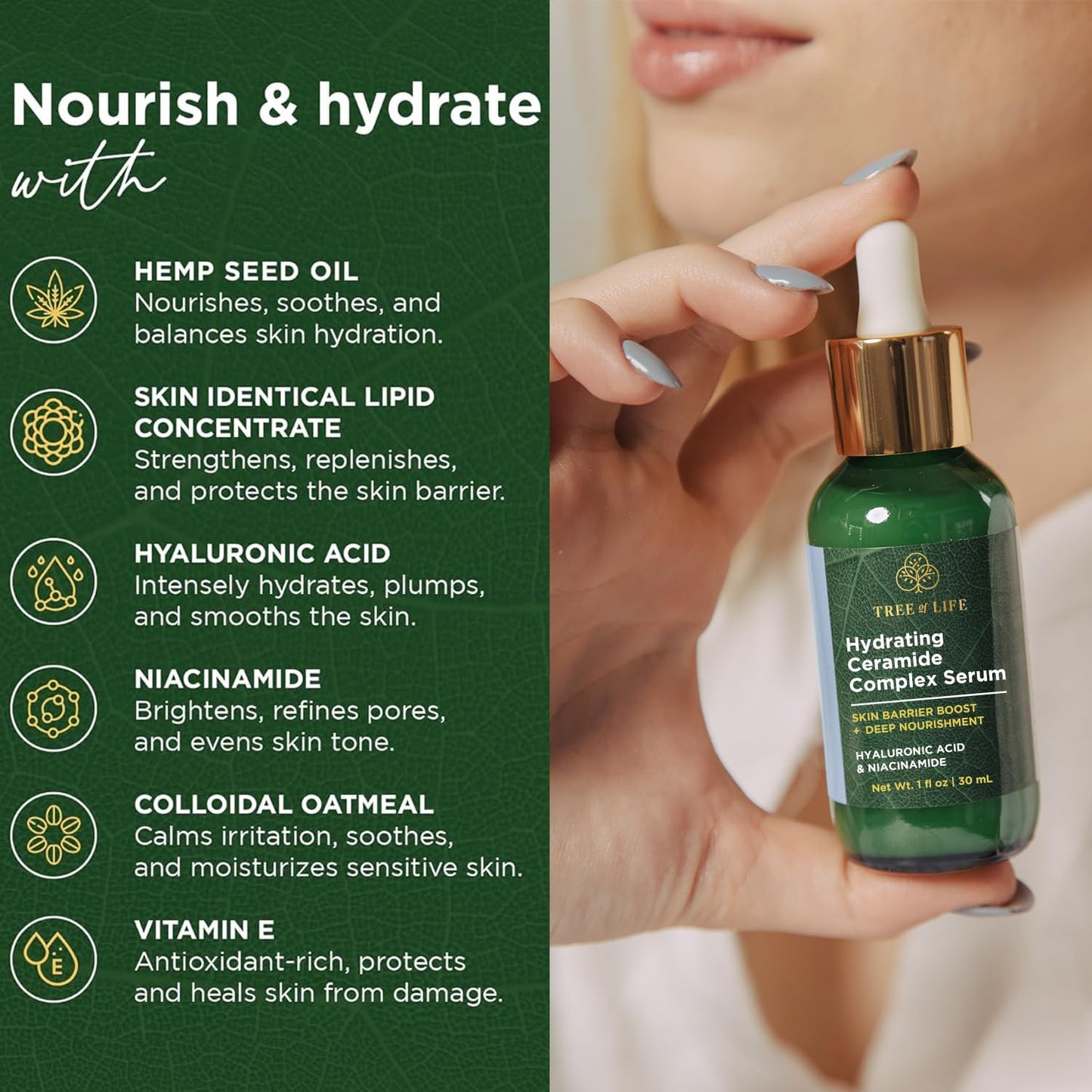 Tree of Life Beauty Ceramide Serum Complex - Skin Barrier Serum with Hemp Seed Oil - Nourishing Barrier Serum with Hyaluronic Acid, Niacinamide and Colloidal Oatmeal - Hydrating Serum for Face 1 Fl Oz-GlimoraGlow