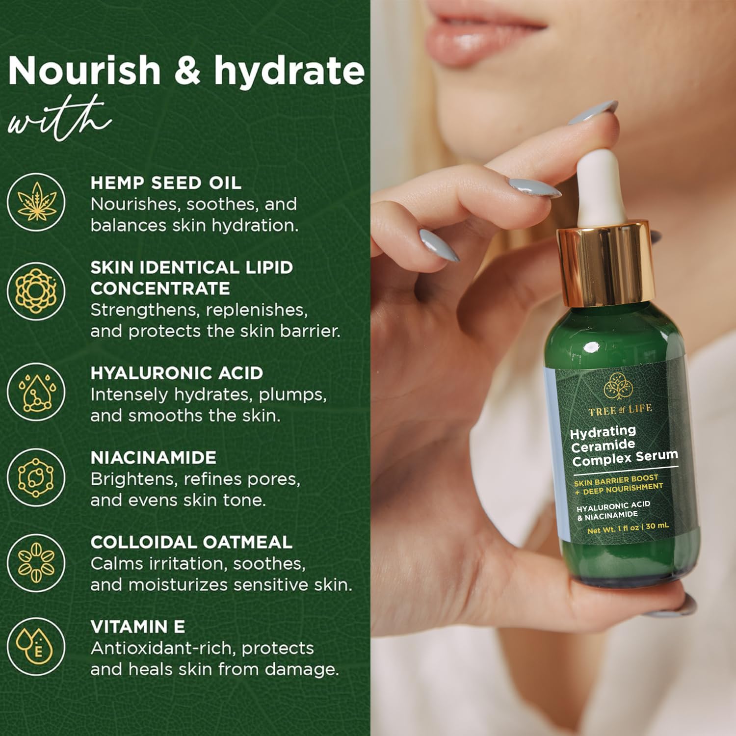 Tree of Life Beauty Ceramide Serum Complex - Skin Barrier Serum with Hemp Seed Oil - Nourishing Barrier Serum with Hyaluronic Acid, Niacinamide and Colloidal Oatmeal - Hydrating Serum for Face 1 Fl Oz-GlimoraGlow