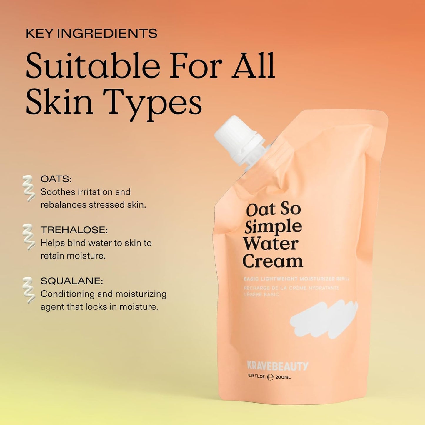 KraveBeauty Oat So Simple Water Cream Refill, Enriched With Oat & Squalane To Soothe & Lock In Moisture, Everyday Moisturizer, For All Skin Types, Vegan & Cruelty Free, 6.76 fl oz-GlimoraGlow