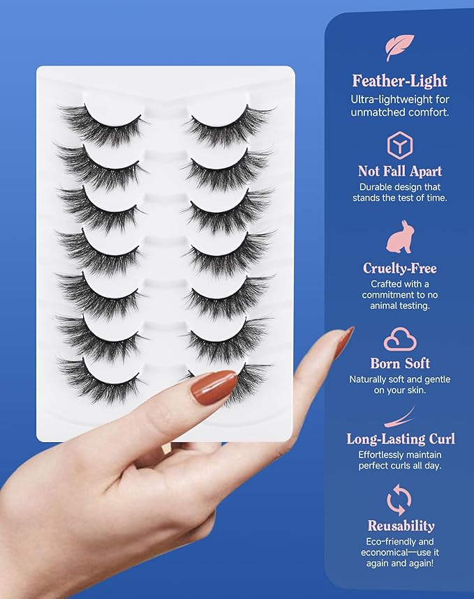 Lashes Cateye Wispy False Eyelashes Volume Flared Mink Eyelash Strip Lashes Soft Cat Eye Lash Natural Pack 7 Pairs Everyday 17MM D74-GlimoraGlow