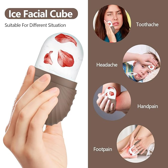 Ice Roller for Face and Eye, Silicone Ice Facial Roller Ice Holder, Face Ice Mold Skin Care, Face Icers Reusable Ice Cube Roller for Shrink Pores Anti Wrinkle Reduce Puffiness, Brown-GlimoraGlow