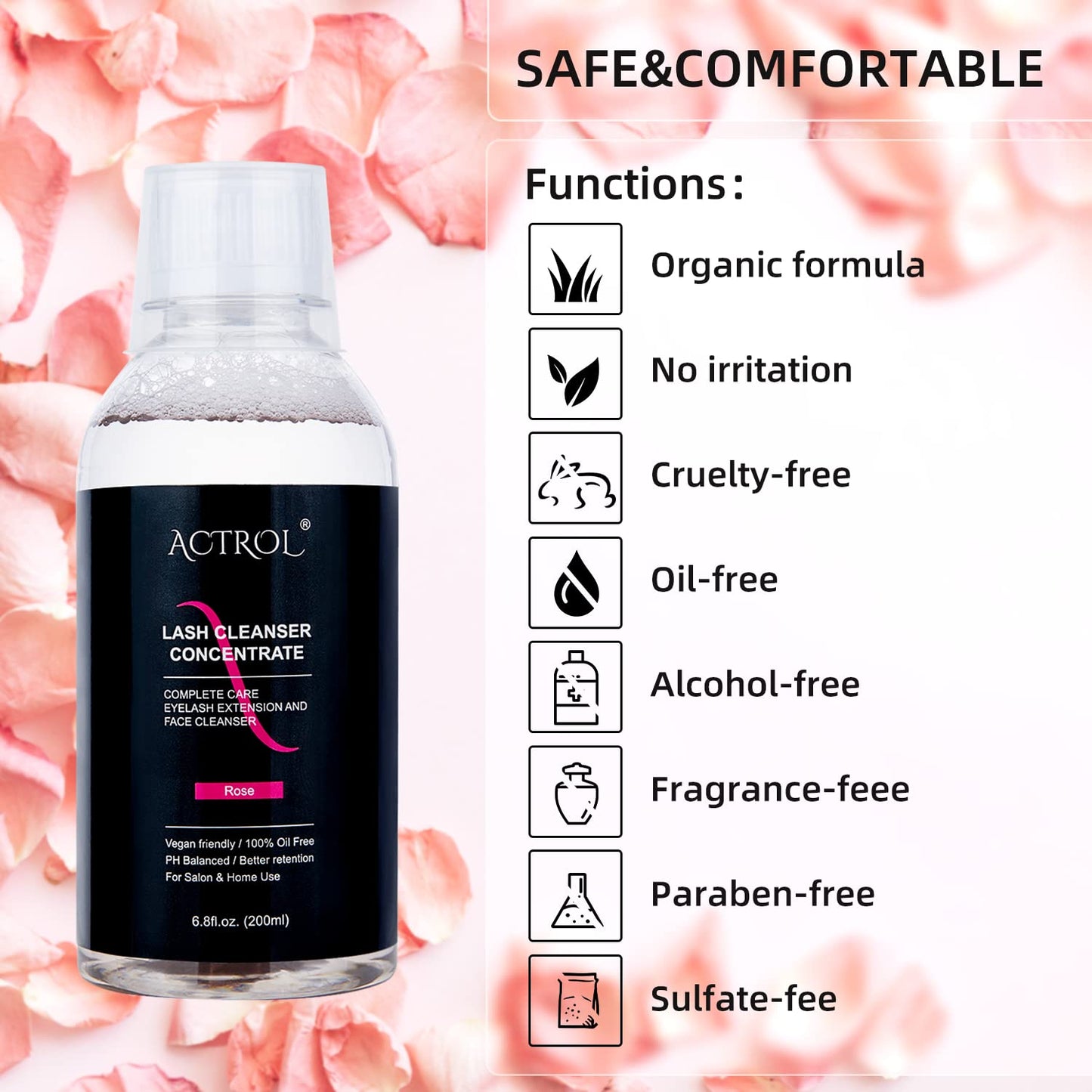 Eyelash Cleanser Concentrate 200ml Rose Professional Lash Shampoo Foaming Cleanser DIY Paraben & Sulfate Free Non-lrritating Wash for Extensions Lashes with Salon Home Care-Makes 40 Bottles-GlimoraGlow