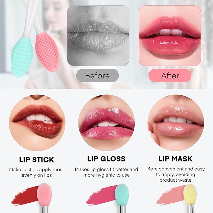 Unaone Lip Scrub Brush - 4 PCS Dual-ended Lip Scrubber Exfoliator and Silicone Lip Brush, 2-in-1 Silicone Lip Scrub Tool Lip Mask Applicator, Gentle Exfoliator & Applicator for Soft-GlimoraGlow