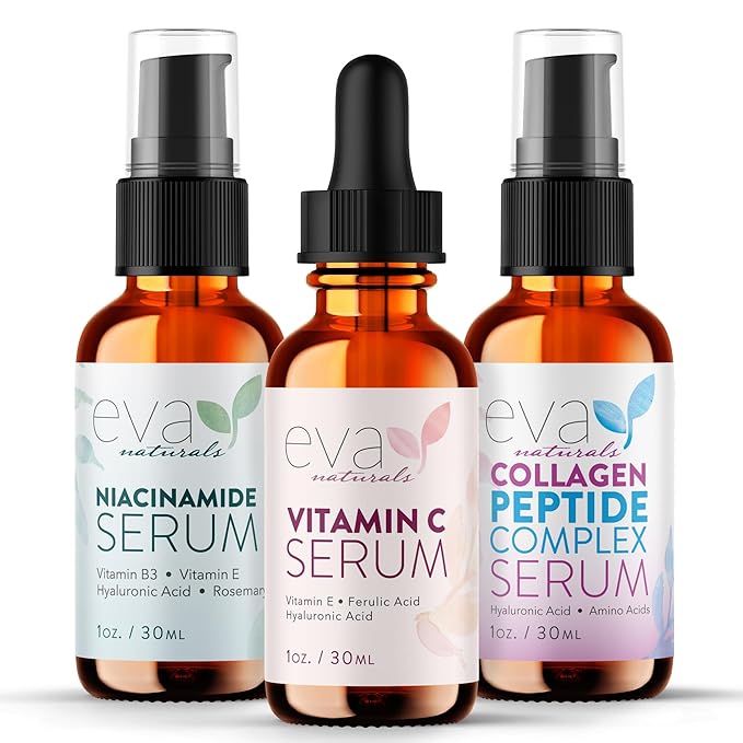 Eva Naturals Firm & Glow Serum Bundle – Vitamin C, Peptide & Niacinamide Serums – Anti-Aging Face Serum Set for Wrinkles, Glow, Pores, Hydration – Collagen Boosting Skin Care Routine-GlimoraGlow