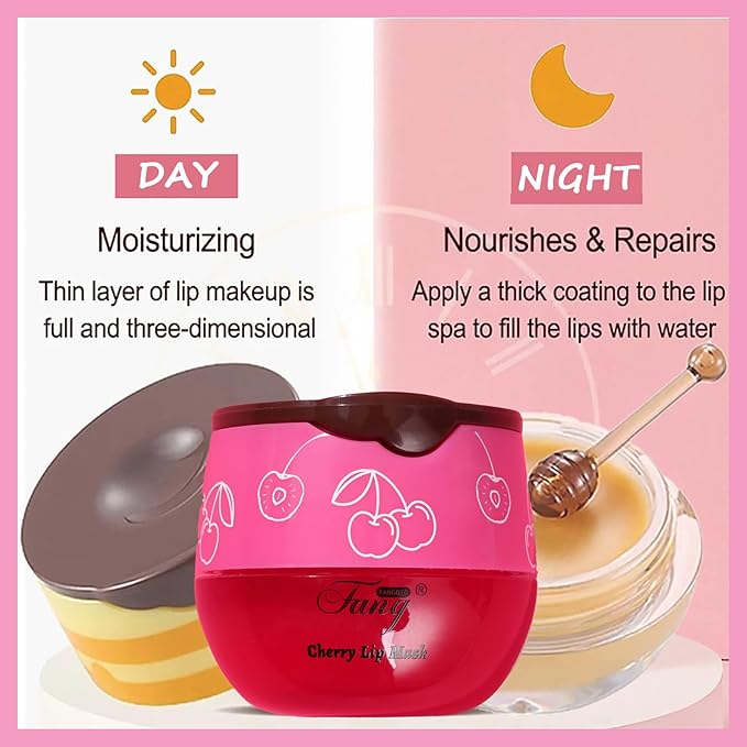 1 PCS Bee Lip Balm Lip Mask Honey Pot, Cherry Moisturizing Sleeping Lip Mask Overnight with Sticks, Lip Balm Honey Pot Lip Balm Hydrating Prevention Dry and Crack Lip Scrubs Exfoliator-GlimoraGlow