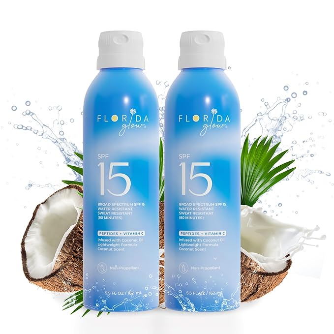 Florida Glow SPF 15 Sunscreen Spray - Hawaii 104 Reef Act & Florida Keys Compliant, Broad Spectrum - Water Resistant, Sport Sun screen - Child Friendly Oxybenzone & Octinoxate Free (5.5 Fl Oz 2-pack)-GlimoraGlow