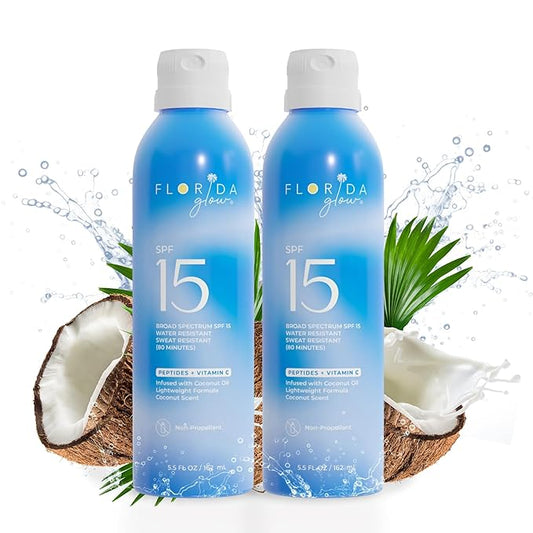 Florida Glow SPF 15 Sunscreen Spray - Hawaii 104 Reef Act & Florida Keys Compliant, Broad Spectrum - Water Resistant, Sport Sun screen - Child Friendly Oxybenzone & Octinoxate Free (5.5 Fl Oz 2-pack)-GlimoraGlow