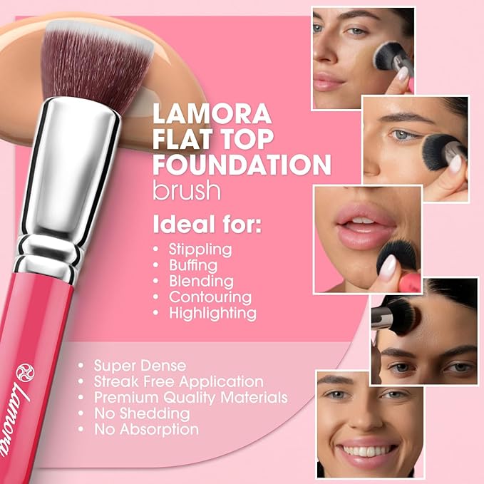 LAMORA Foundation Brush for Liquid Makeup - Kabuki Face Brush for Cream, Powder, Blush, and Concealer - Flat Top Blending, Buffing, Stippling Brush-GlimoraGlow