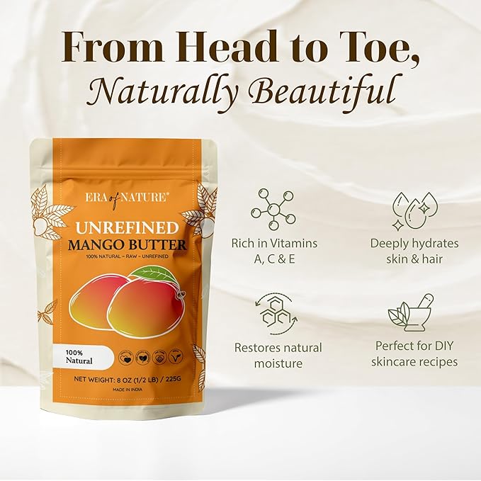 era of nature Organic Unrefined Raw Mango Body Butter Block 8oz - Moisturizing Mango Seed Raw Butter Bar for Skin & Hair, DIY Lip Balm Base, Cream, Soap & Lotion Making Supplies Kit, Personal Skincare-GlimoraGlow