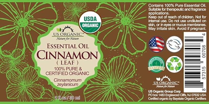 US Organic 100% Pure Cinnamon Leaf Essential Oil - USDA Certified Organic, Steam Distilled - W/Euro Dropper (More Size Variations Available) (30 ml / 1 fl oz)-GlimoraGlow