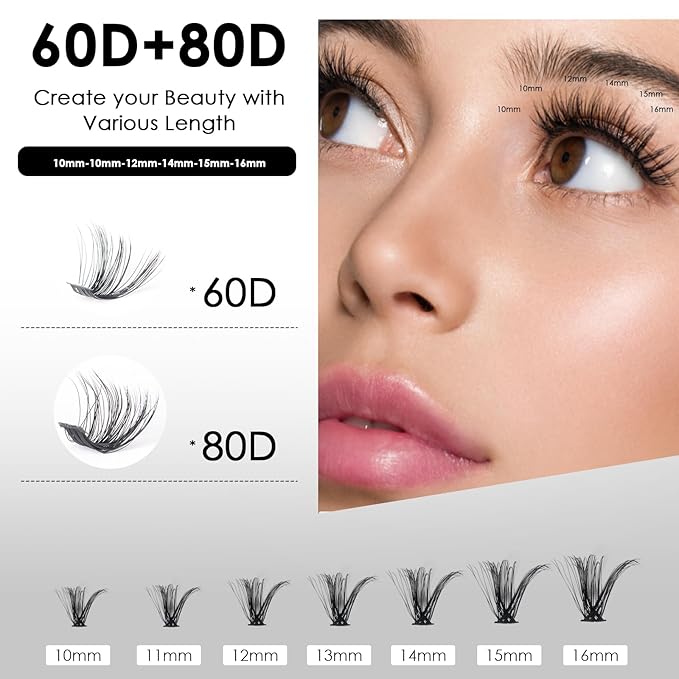 DIY Lash Extensions Kit 320pcs Individual Lashes Clusters 60D 80D D Curl Eyelash Extension Kit with Applicator and Lash Bond&Seal,Clusters Lash Glue Remover For False Eyelash Mix 10-16mm (60D+80D KIT)-GlimoraGlow
