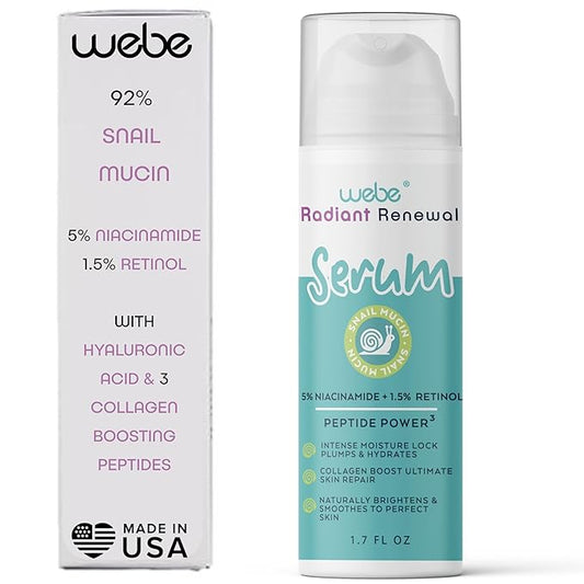 WEBE Naturals Snail Mucin Retinol 1.5% Radiant Renewal Serum | Niacinamide 5%, Vitamin C, Peptide Booster, Hyaluronic Acid & Zinc PCA | Anti-Aging Plumping Intense Moisture Lock, Glowing Smooth Skin-GlimoraGlow