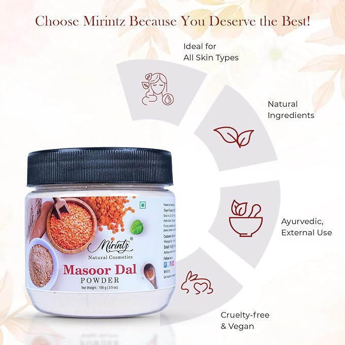 100% Natural Masoor Dal Powder | (3.5 Oz) Organic Lentils Powder for Face & Skin | Red Lentils Powder for Natural Face Pack | Dried Masoor Dal Cleansing Powder & Skin Brightener for Face-GlimoraGlow