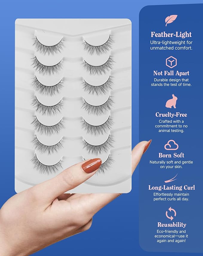 Asian Lashes Natural Wispy Everyday Flared Small Eyelashes Natural Look False Eye Lash korean Fluffy False Eyelash 7 Pairs D33-GlimoraGlow